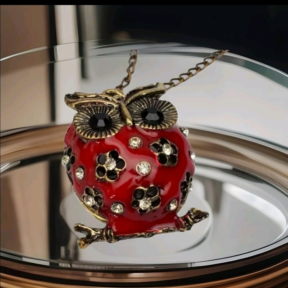 Owl Pendant Necklace Vintage style Gold Red enamel 28" rhinestones *